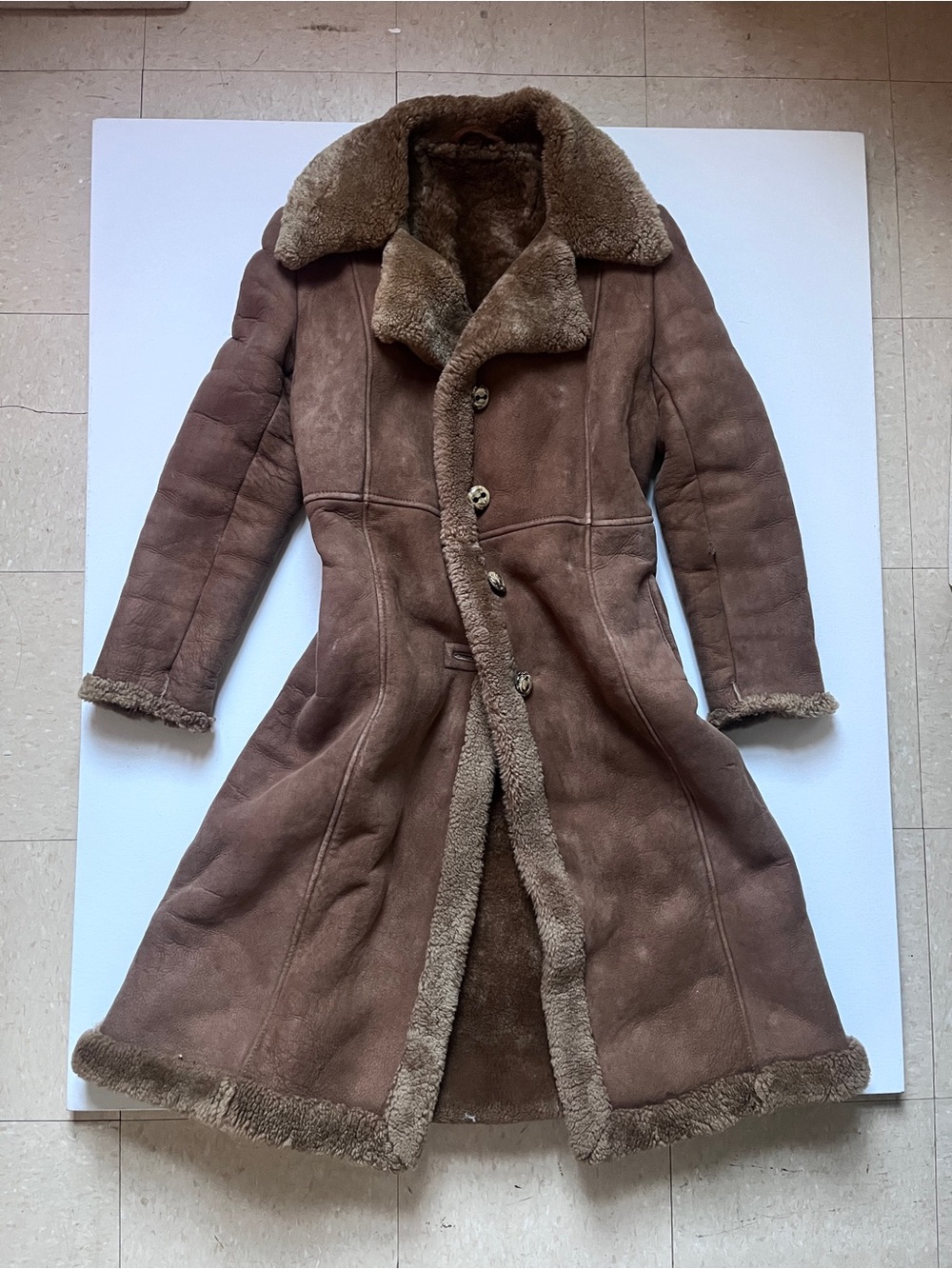 70s Brown Suede Shearling Long Coat